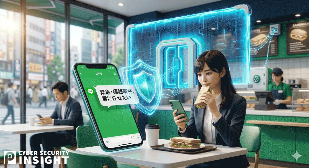 「ランチタイムで一息ついている日常の隙」を狙ってくるという、今回のLINE詐欺(ソーシャルエンジニアリング)のリアルな恐ろしさと、それをシステムが裏側でしっかり守っている構図
