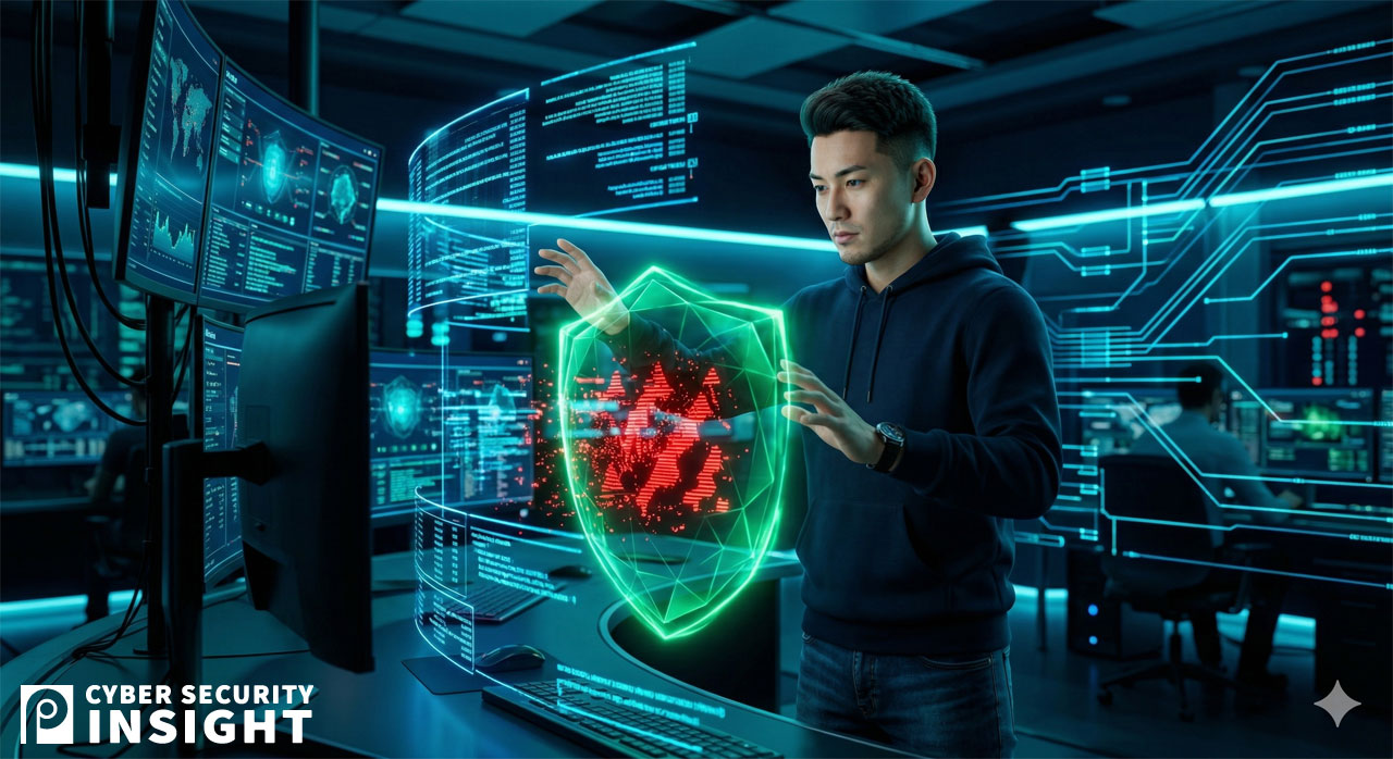 「侵入されてしまった後のネットワーク内部」で、ホワイトハッカー(防御側)が異常を素早く検知し、脅威を隔離(セグメンテーション)している緊迫感ある現場