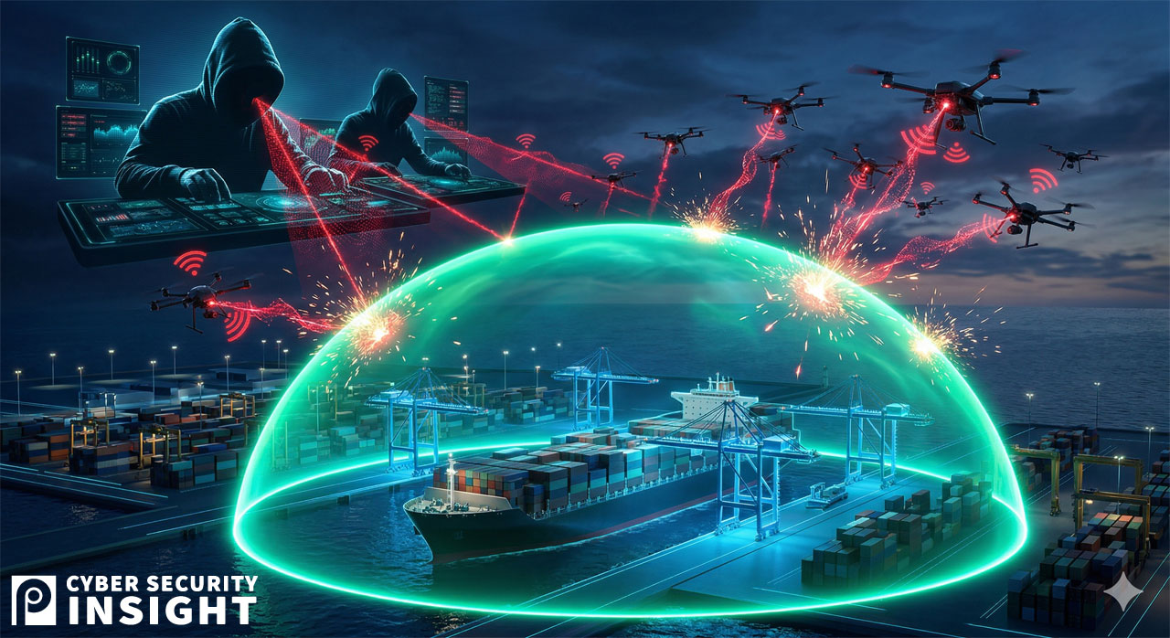 「海運・港湾(OT環境)」に対して、上空の「ドローン(物理とサイバーの複合脅威)」が襲いかかろうとするのを、強固な「ゼロトラストシールド」が防ぐ