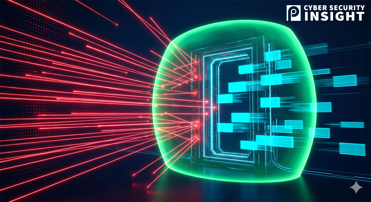 AIによって高速化された「無数の脆弱性スキャン(探索レーザー)」が境界のVPNゲートウェイに降り注ぐ中、強固なゼロトラストシールドと「迅速なパッチ適用(光るブロックの組み込み)」によってそれを完璧に防いでいる